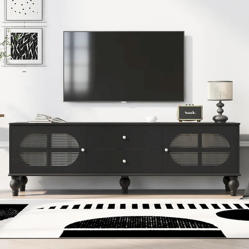 Meuble TV bas moderne avec portes en verre cannelé – Convient aux téléviseurs jusqu'à 75 pouces, noir/blanc