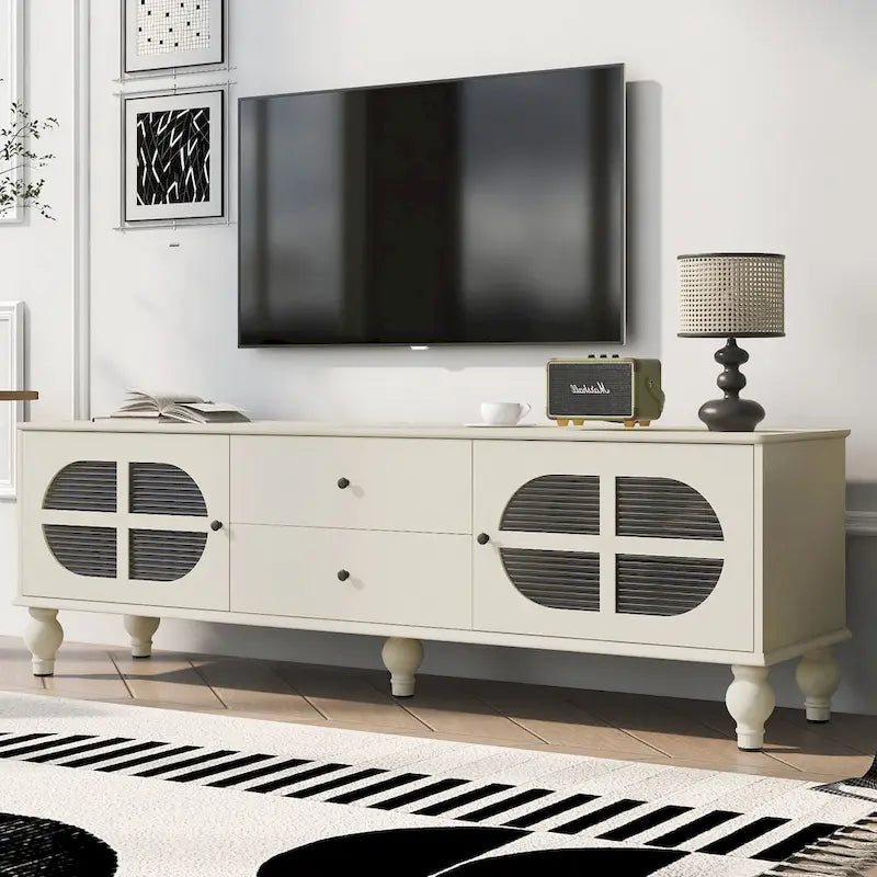 Meuble TV bas moderne avec portes en verre cannelé – Convient aux téléviseurs jusqu'à 75 pouces, noir/blanc