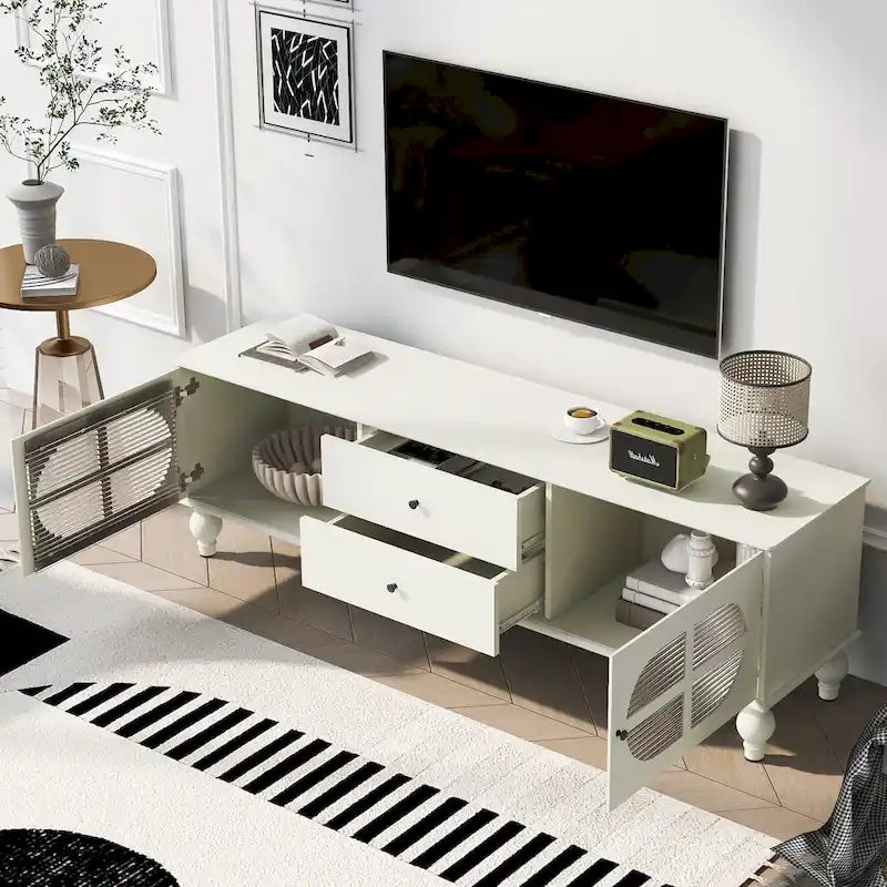 Meuble TV bas moderne avec portes en verre cannelé – Convient aux téléviseurs jusqu'à 75 pouces, noir/blanc