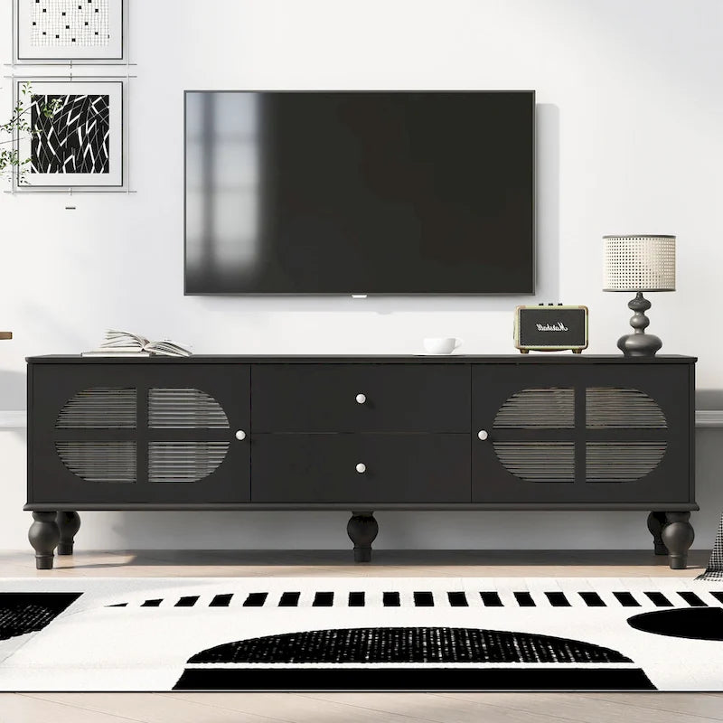 Meuble TV bas moderne avec portes en verre cannelé – Convient aux téléviseurs jusqu'à 75 pouces, noir/blanc