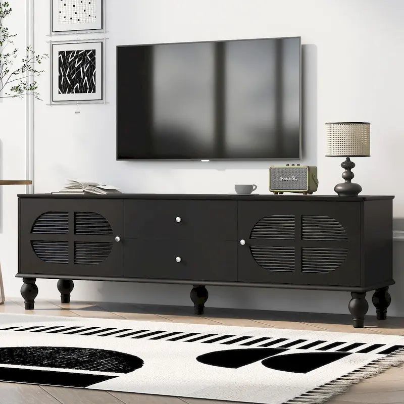 Meuble TV bas moderne avec portes en verre cannelé – Convient aux téléviseurs jusqu'à 75 pouces, noir/blanc