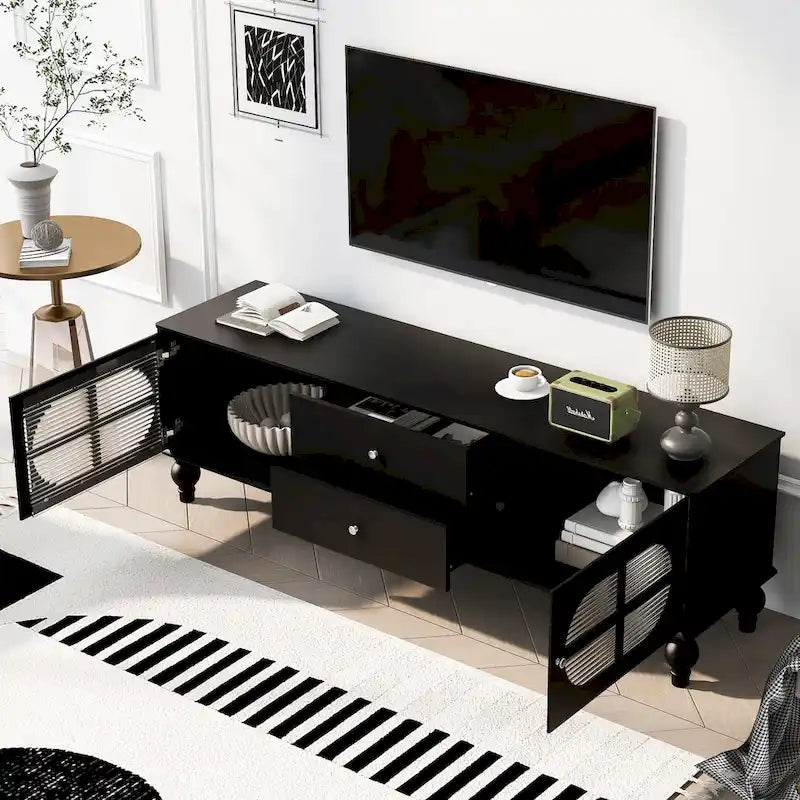 Meuble TV bas moderne avec portes en verre cannelé – Convient aux téléviseurs jusqu'à 75 pouces, noir/blanc