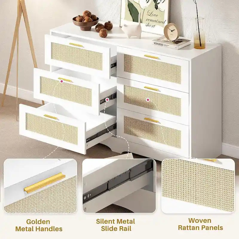 Commode 6 tiroirs en rotin blanc/noir/bois avec poignées dorées