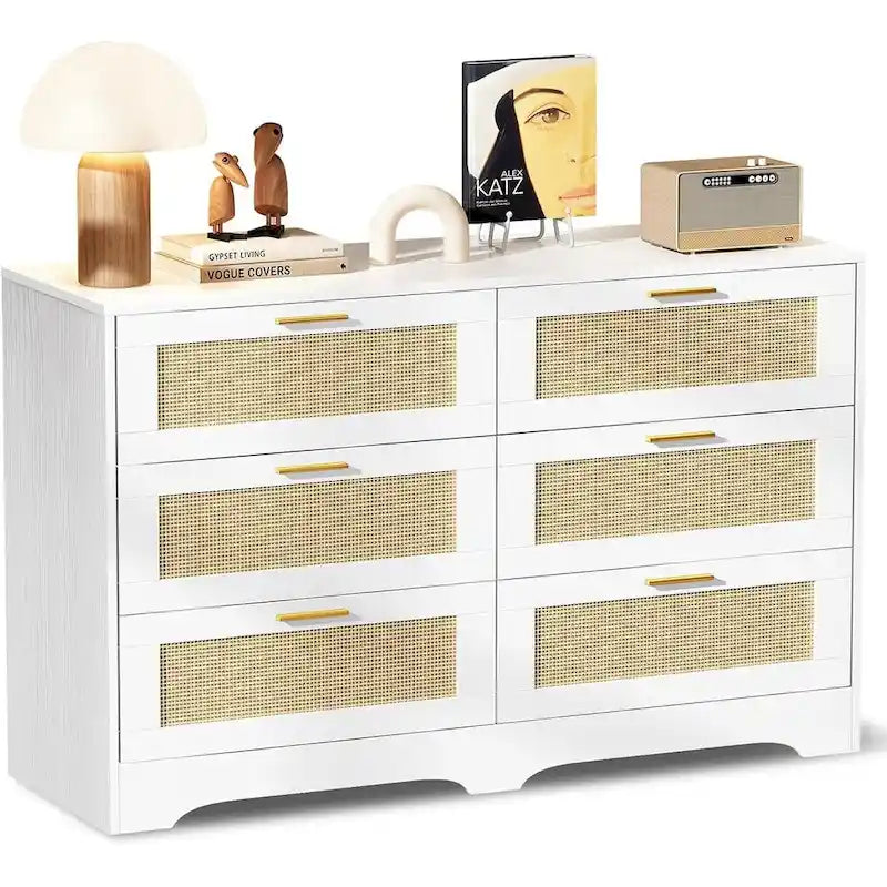 Commode 6 tiroirs en rotin blanc/noir/bois avec poignées dorées