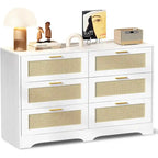 Commode 6 tiroirs en rotin blanc/noir/bois avec poignées dorées