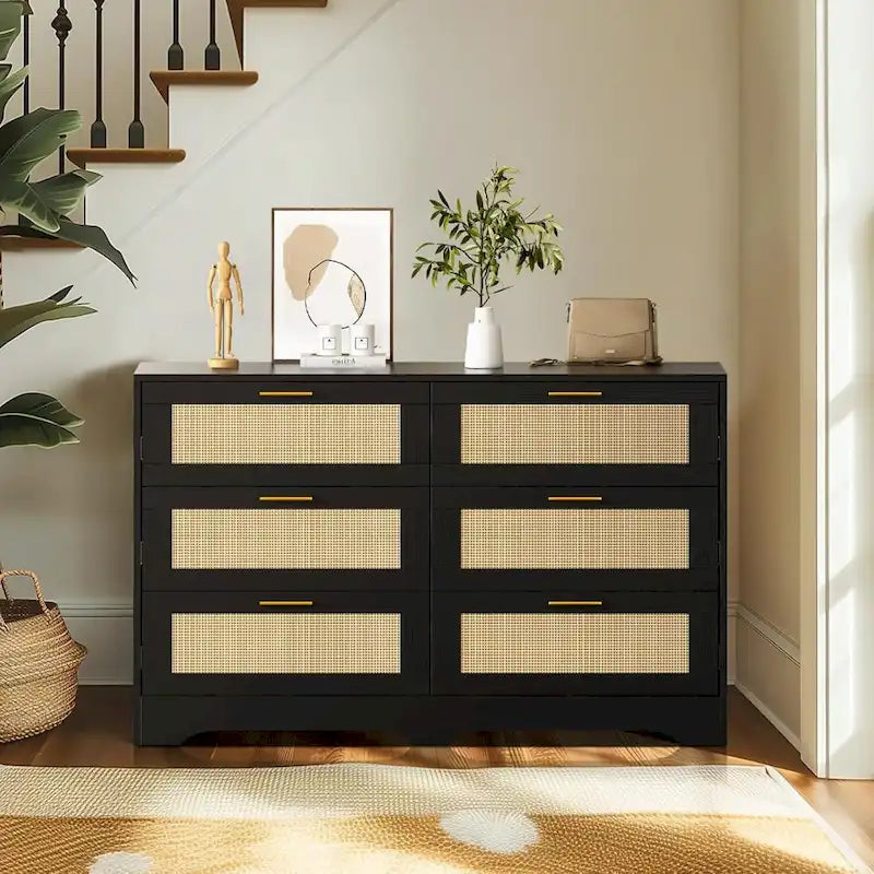 Commode 6 tiroirs en rotin blanc/noir/bois avec poignées dorées