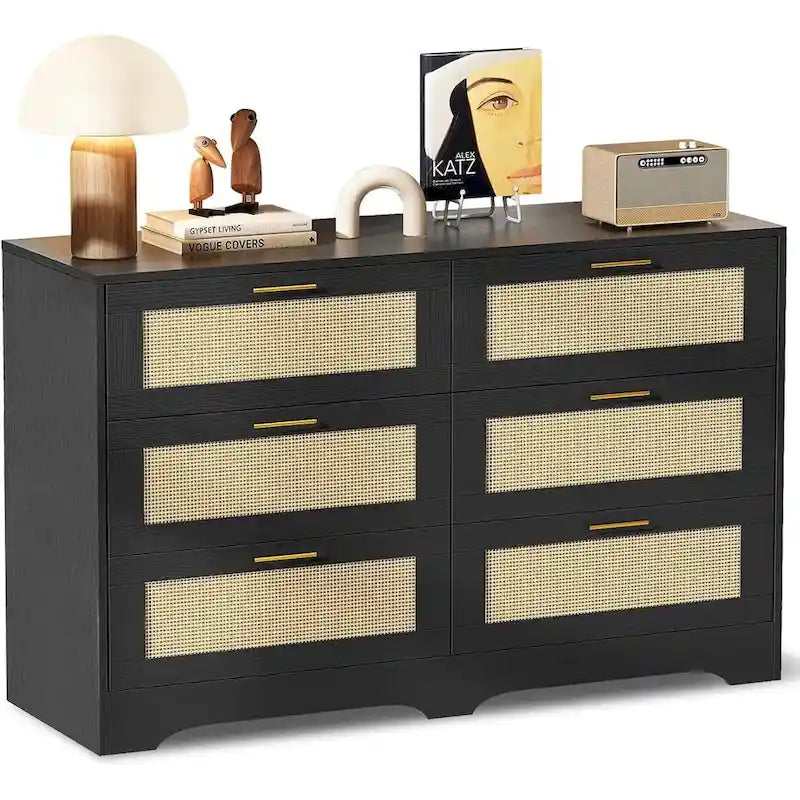 Commode 6 tiroirs en rotin blanc/noir/bois avec poignées dorées