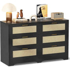 Commode 6 tiroirs en rotin blanc/noir/bois avec poignées dorées