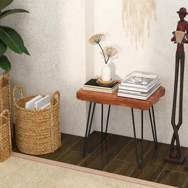 Bout de canapé rectangulaire en teck recyclé marron avec pieds en métal