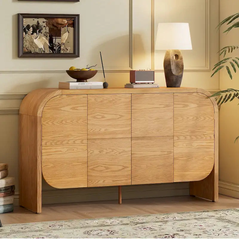 Bahut buffet rétro 4 portes en bois, naturel/noir, avec étagères réglables