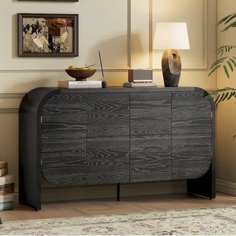 Bahut buffet rétro 4 portes en bois, naturel/noir, avec étagères réglables