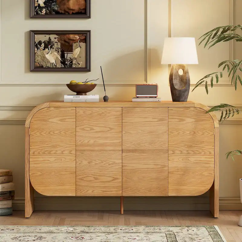 Bahut buffet rétro 4 portes en bois, naturel/noir, avec étagères réglables