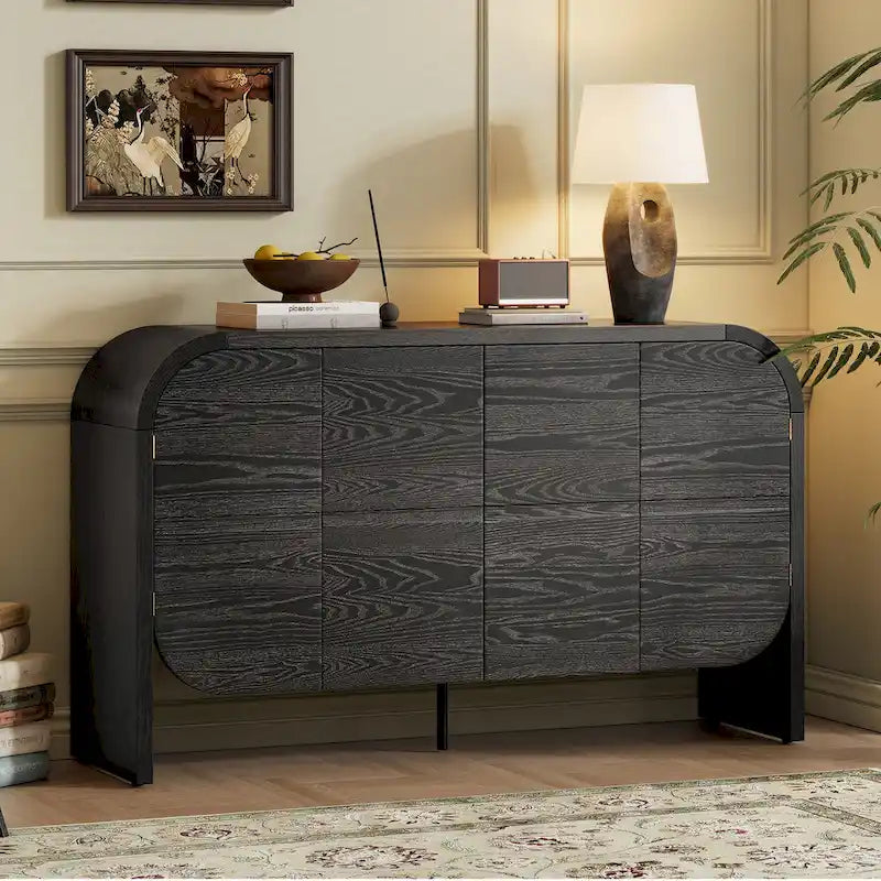 Bahut buffet rétro 4 portes en bois, naturel/noir, avec étagères réglables