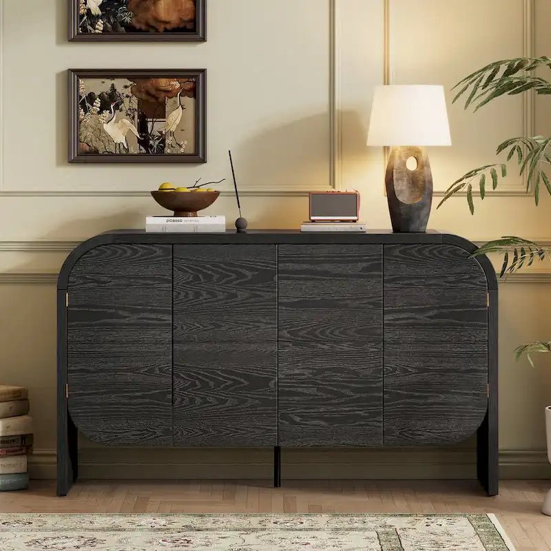 Bahut buffet rétro 4 portes en bois, naturel/noir, avec étagères réglables