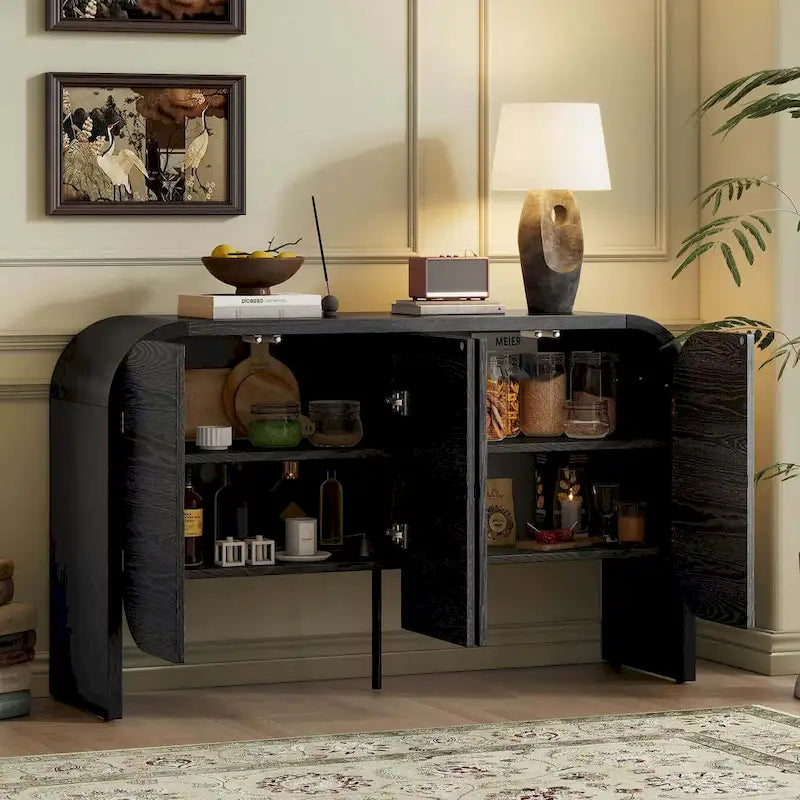 Bahut buffet rétro 4 portes en bois, naturel/noir, avec étagères réglables