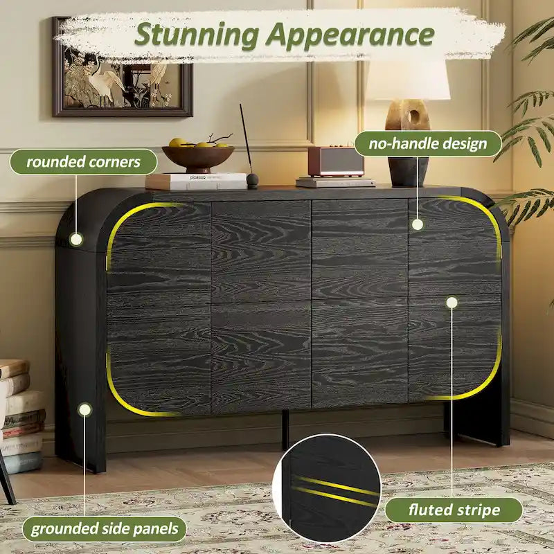 Bahut buffet rétro 4 portes en bois, naturel/noir, avec étagères réglables