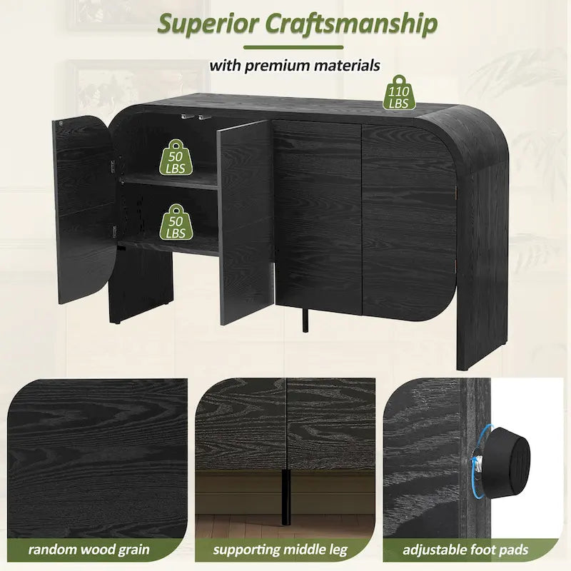 Bahut buffet rétro 4 portes en bois, naturel/noir, avec étagères réglables