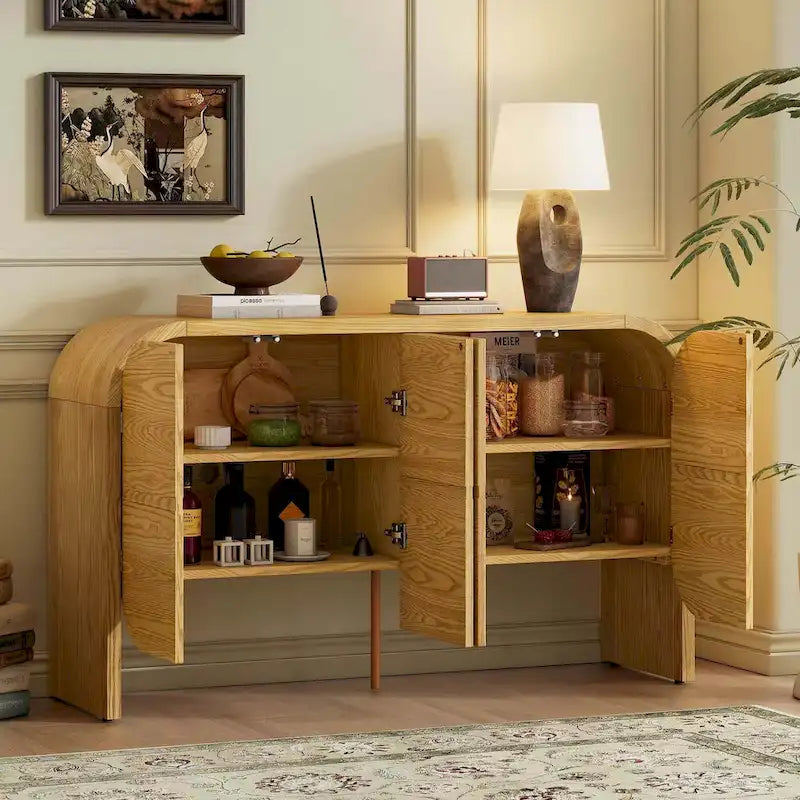 Bahut buffet rétro 4 portes en bois, naturel/noir, avec étagères réglables