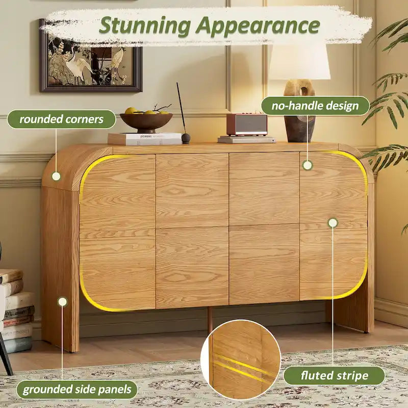 Bahut buffet rétro 4 portes en bois, naturel/noir, avec étagères réglables