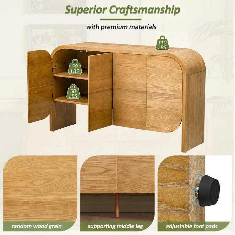 Bahut buffet rétro 4 portes en bois, naturel/noir, avec étagères réglables