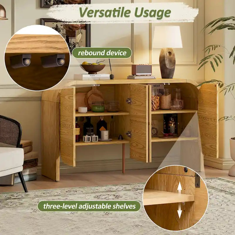Bahut buffet rétro 4 portes en bois, naturel/noir, avec étagères réglables