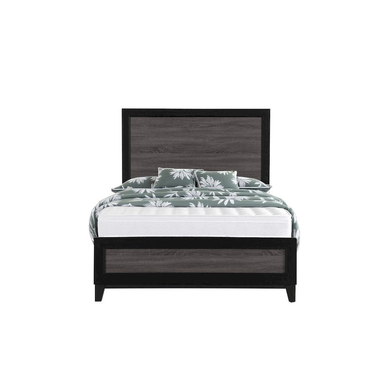 Cadre de lit Queen moderne de style ferme en panneaux incrustés noirs et gris – 1 place