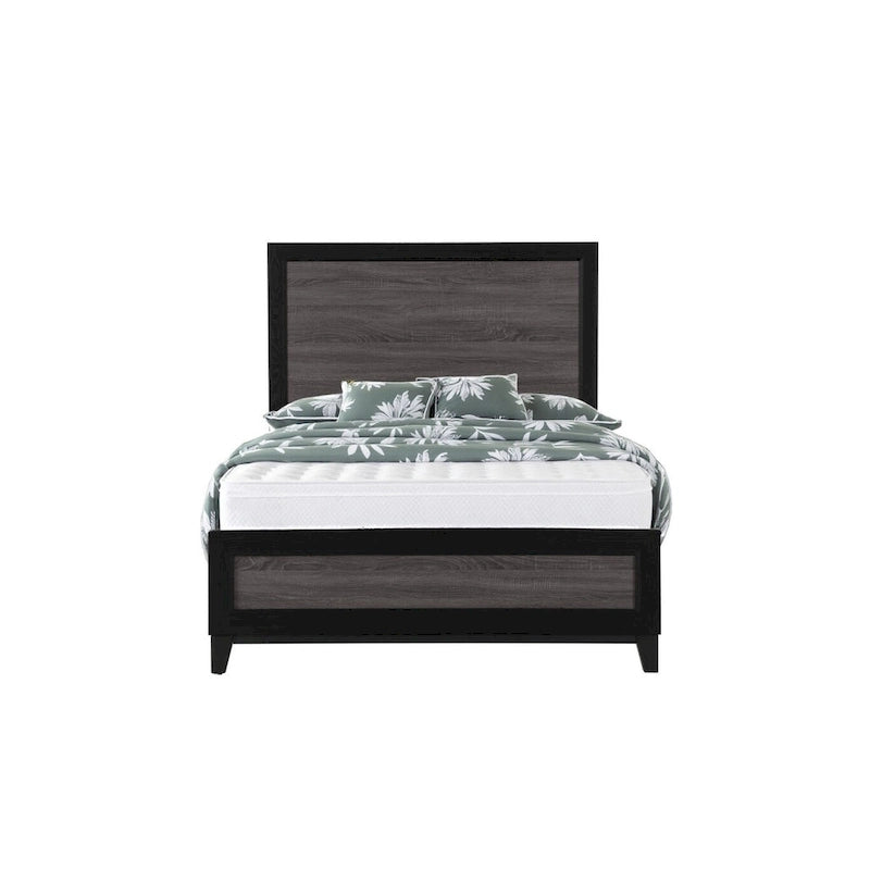 Cadre de lit Queen moderne de style ferme en panneaux incrustés noirs et gris – 1 place