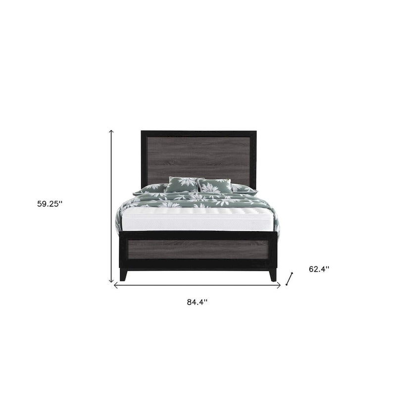 Cadre de lit Queen moderne de style ferme en panneaux incrustés noirs et gris – 1 place