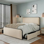 Lit plateforme capitonné en lin beige avec tête et pied de lit courbés – Queen / King, tiroirs en option