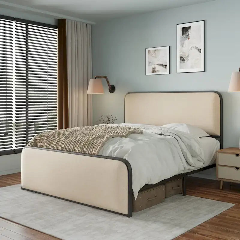 Lit plateforme capitonné en lin beige avec tête et pied de lit courbés – Queen / King, tiroirs en option