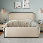 Lit plateforme capitonné en lin beige avec tête et pied de lit courbés – Queen / King, tiroirs en option
