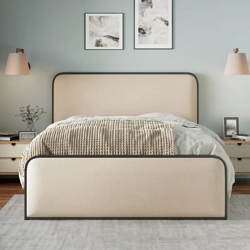 Lit plateforme capitonné en lin beige avec tête et pied de lit courbés – Queen / King, tiroirs en option