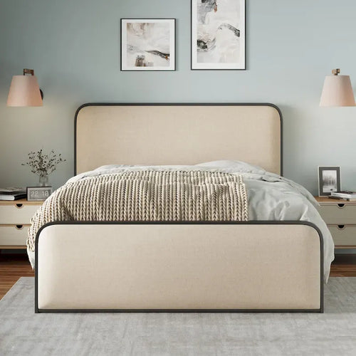 Lit plateforme capitonné en lin beige avec tête et pied de lit courbés – Queen / King, tiroirs en option