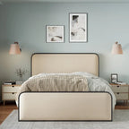 Lit plateforme capitonné en lin beige avec tête et pied de lit courbés – Queen / King, tiroirs en option