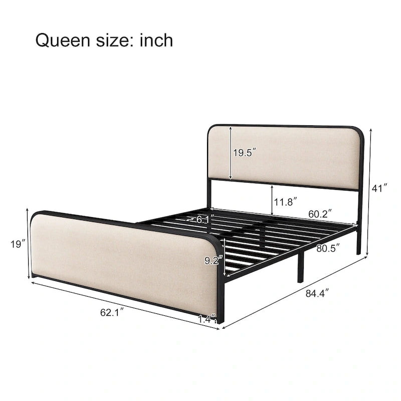 Lit plateforme capitonné en lin beige avec tête et pied de lit courbés – Queen / King, tiroirs en option