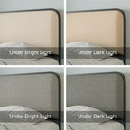 Lit plateforme capitonné en lin beige avec tête et pied de lit courbés – Queen / King, tiroirs en option