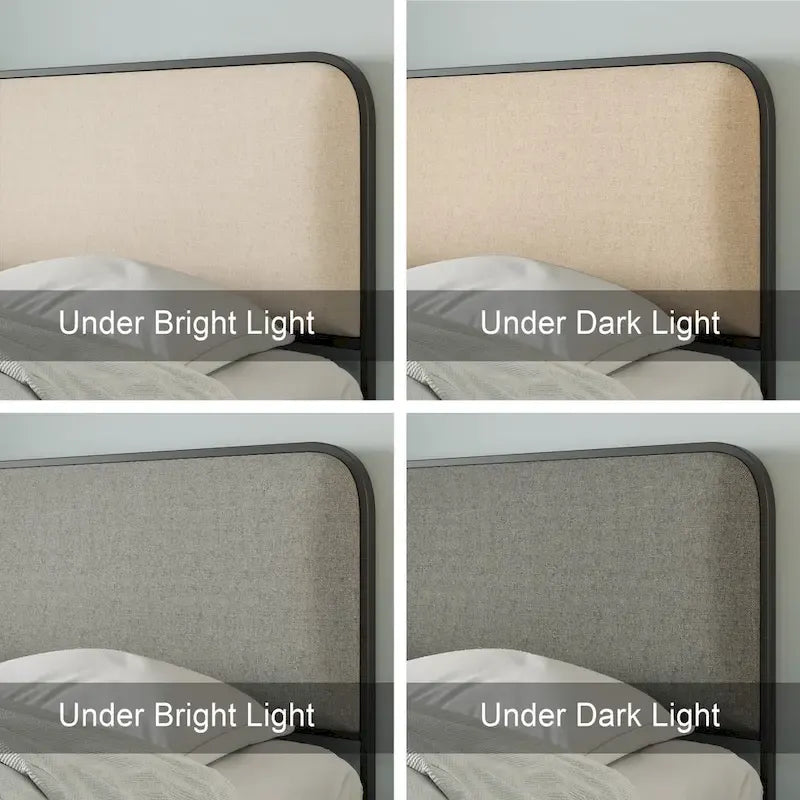 Lit plateforme capitonné en lin beige avec tête et pied de lit courbés – Queen / King, tiroirs en option