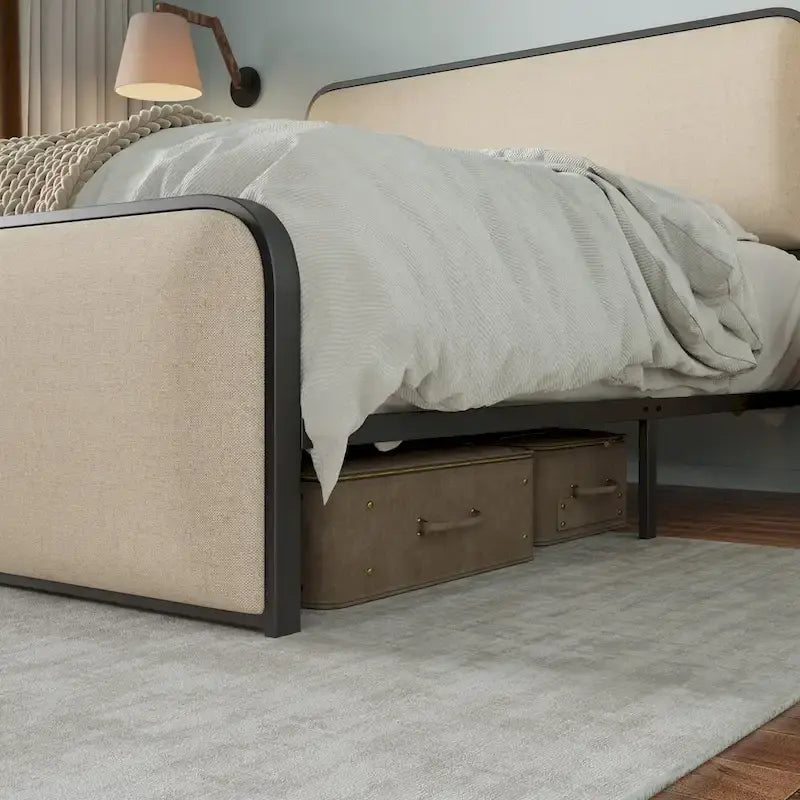 Lit plateforme capitonné en lin beige avec tête et pied de lit courbés – Queen / King, tiroirs en option