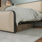 Lit plateforme capitonné en lin beige avec tête et pied de lit courbés – Queen / King, tiroirs en option