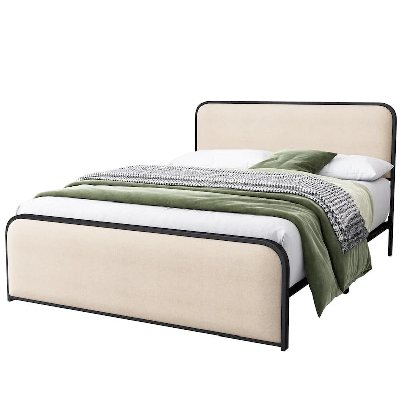 Lit plateforme capitonné en lin beige avec tête et pied de lit courbés – Queen / King, tiroirs en option