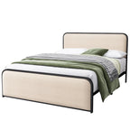 Lit plateforme capitonné en lin beige avec tête et pied de lit courbés – Queen / King, tiroirs en option
