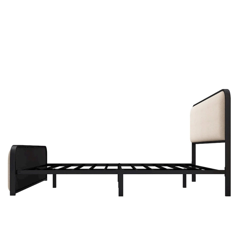 Lit plateforme capitonné en lin beige avec tête et pied de lit courbés – Queen / King, tiroirs en option