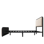 Lit plateforme capitonné en lin beige avec tête et pied de lit courbés – Queen / King, tiroirs en option