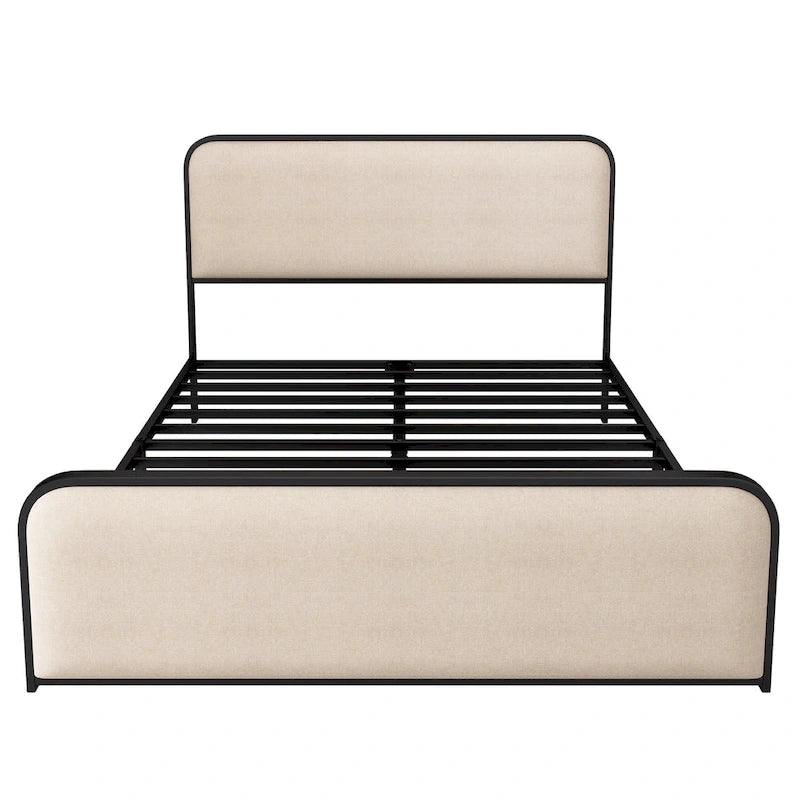 Lit plateforme capitonné en lin beige avec tête et pied de lit courbés – Queen / King, tiroirs en option