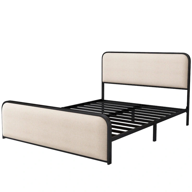 Lit plateforme capitonné en lin beige avec tête et pied de lit courbés – Queen / King, tiroirs en option