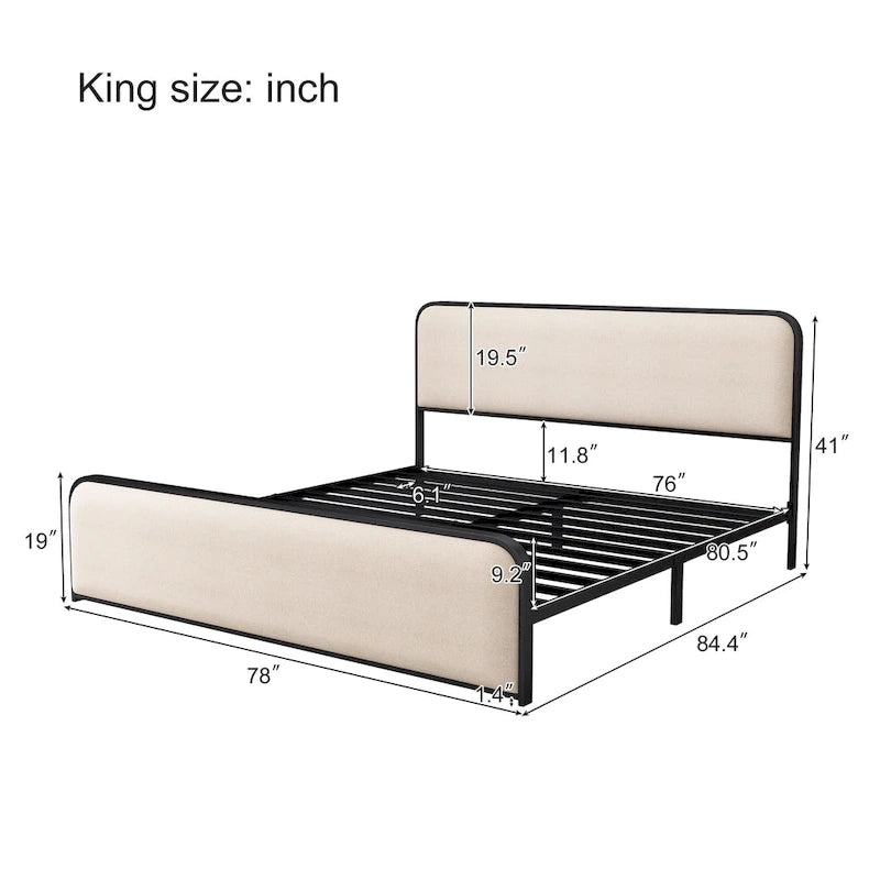 Lit plateforme capitonné en lin beige avec tête et pied de lit courbés – Queen / King, tiroirs en option