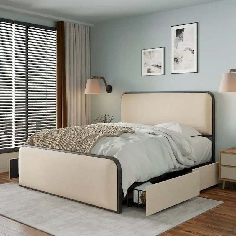 Lit plateforme capitonné en lin beige avec tête et pied de lit courbés – Queen / King, tiroirs en option