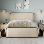 Lit plateforme capitonné en lin beige avec tête et pied de lit courbés – Queen / King, tiroirs en option