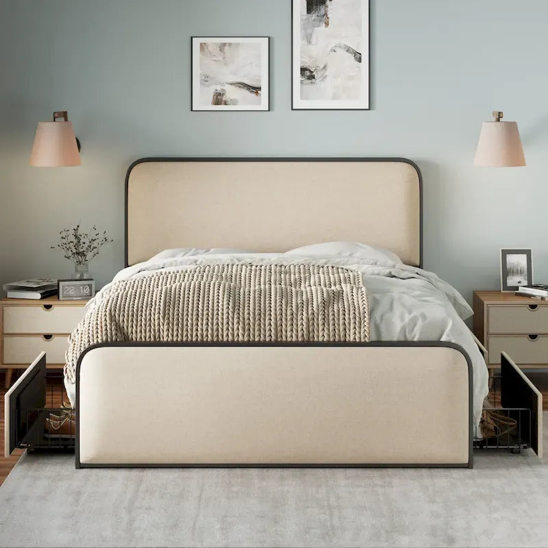 Lit plateforme capitonné en lin beige avec tête et pied de lit courbés – Queen / King, tiroirs en option