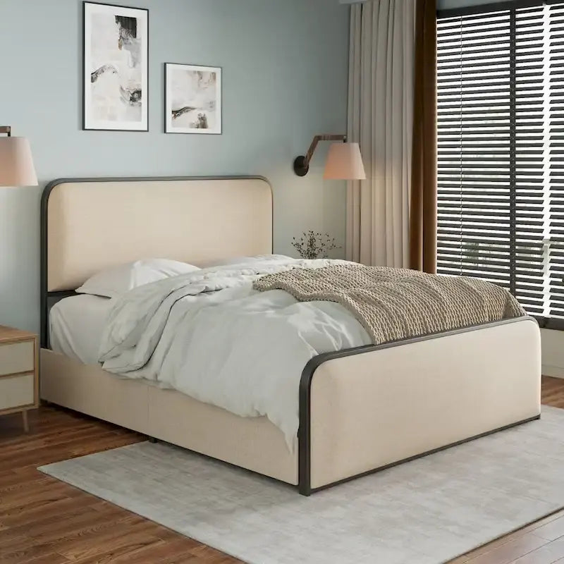 Lit plateforme capitonné en lin beige avec tête et pied de lit courbés – Queen / King, tiroirs en option